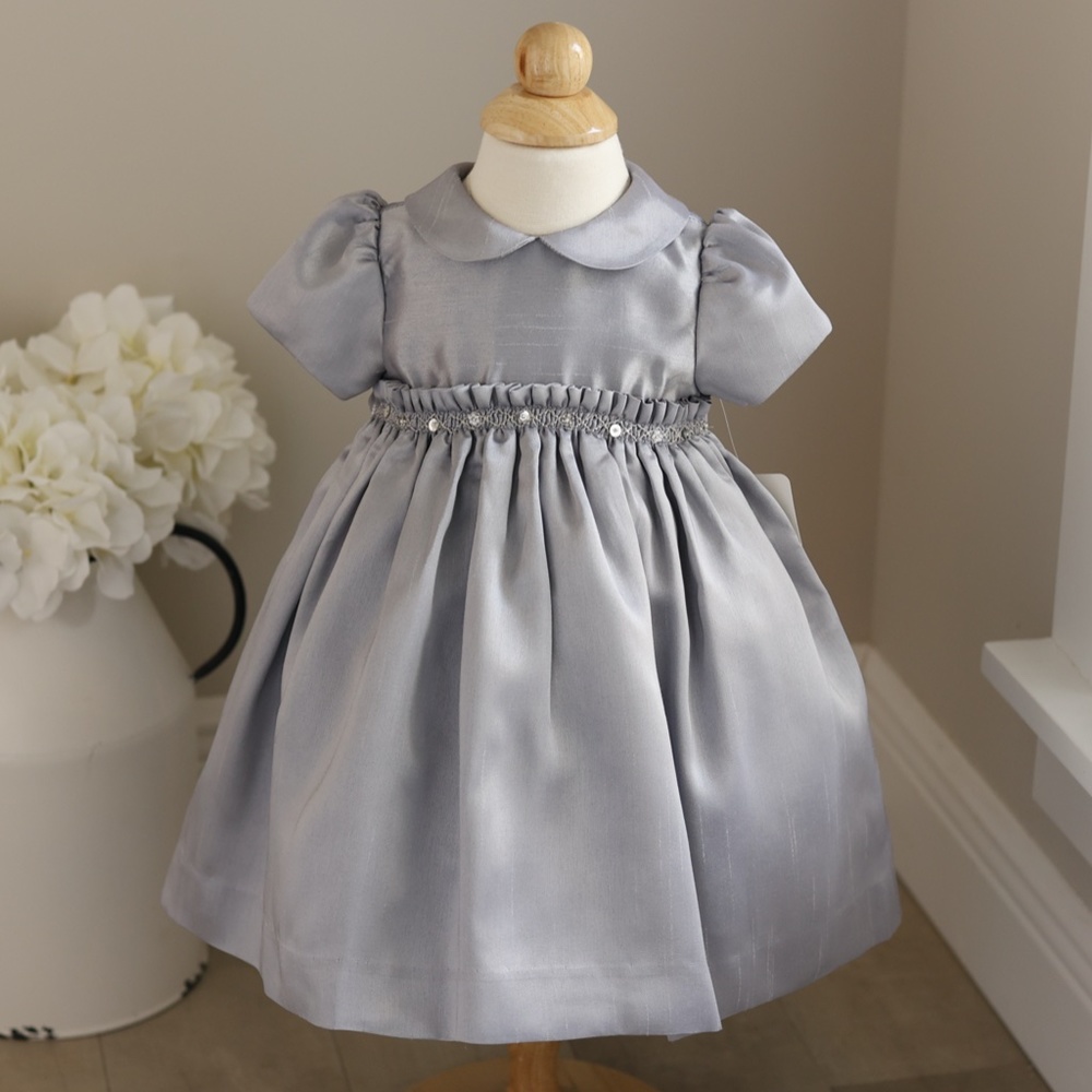 Silver Dress Size 9/12 Months Smocked Boutique Luli & Me Formal Flower Girl NWT